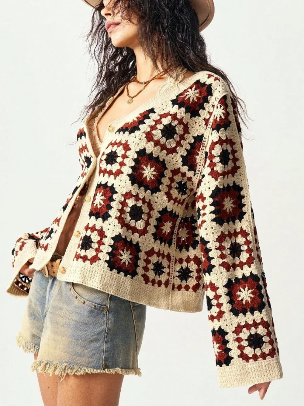 Multicolor Casual Women's Allover Print Front Button Long Sleeve Cardigan
